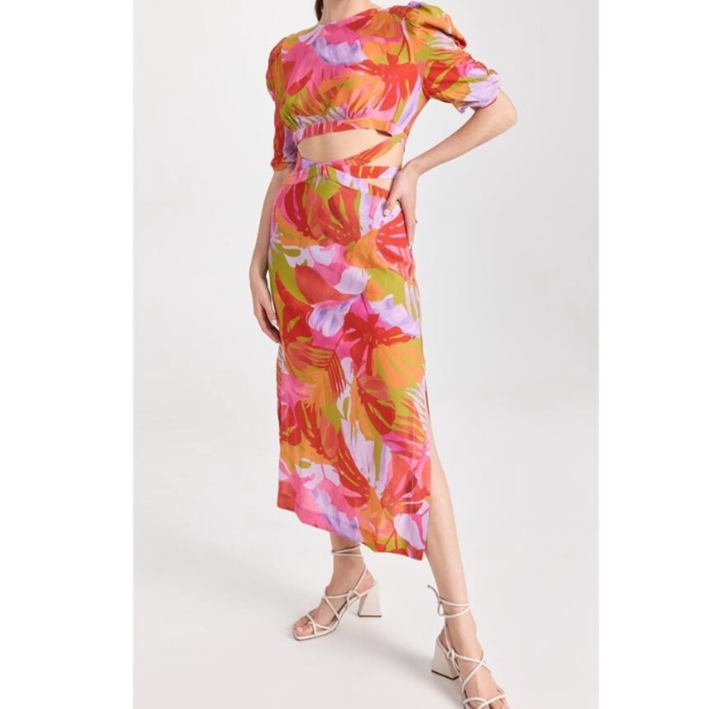 🆕 FARM RIO Colorful Leaves Crepe Ruched Puff Sleeve Cutout Midi Dress SZ S